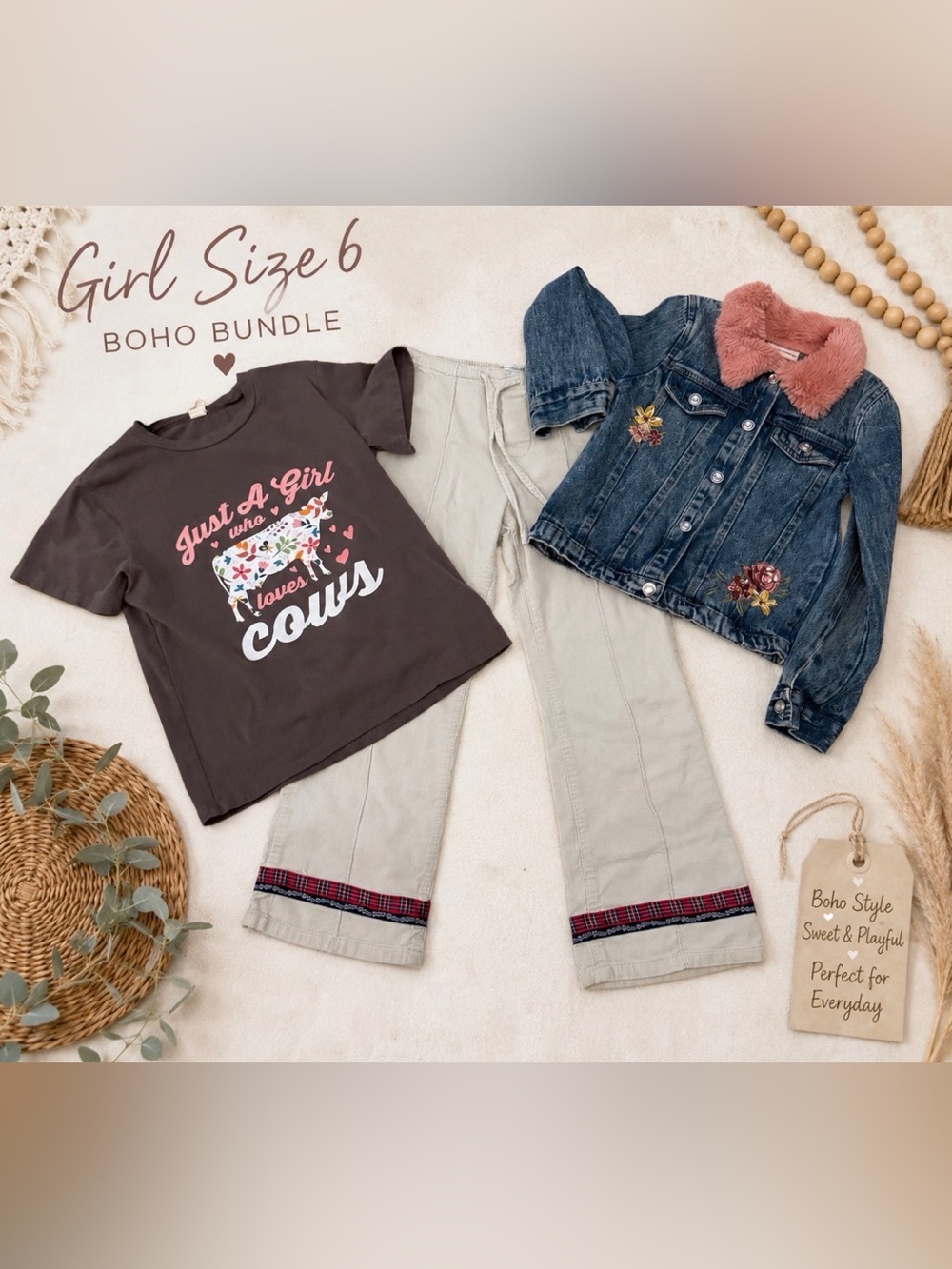 #19-Girls Sz 6 Boho Bundle Little Lass Jacket + Cow Graphic Tee + Corduroy Pants